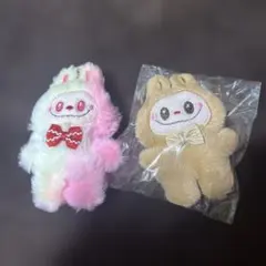ウサギとクマのフェイクファーぬいぐるみ ピンク ベージュ ラブブ風 ハンドメイド
