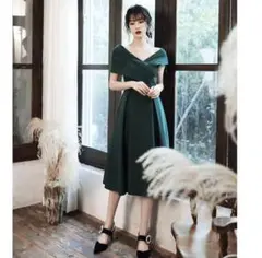 ダークグリーン オフショルダー Aラインドレス