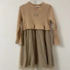 ベージュ リボン付き 長袖ワンピース110