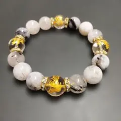 ✨金属アレルギー対応✨天然石ブレスレット☆四神金彫水晶＆ブラックルチル040
