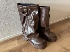 ブラウン 厚底ロングブーツ ジッパー付き
