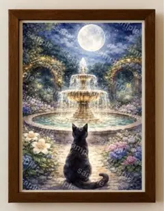 【水彩画アート】満月が照らす黒猫　2L版写真用紙