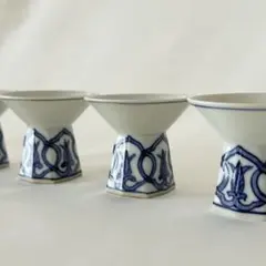 清水焼　青い模様の陶器製ぐい飲み4個セット
