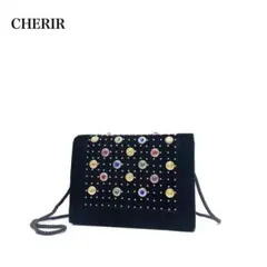 【美品】CHERIR /宝飾・ビジュー 装飾金具/ベロア地/ショルダーバッグ