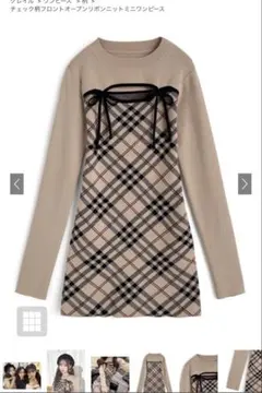 チェック柄フロントリボンミニワンピース S