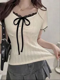 【SHEIN】【FRIFUL】 レース付き半袖トップス Lサイズ
