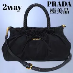 極美品 PRADA ギャザー リボン ハンドバッグ ショルダーバック ブラック
