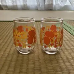 アデリア★オレンジ★花柄ガラスコップ★2個セット★未使用品★昭和レトロ