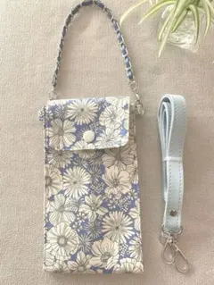 スマホポーチ ショルダー 花柄 ブルー【ハンドメイド】サコッシュ ポシェット