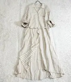 美品　ジャーナルスタンダードレリューム　ストライプオープンカラーワンピース　麻混