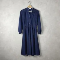 USA古着 ドット柄 長袖ワンピース ネイビー シャツ 紺色 vintage