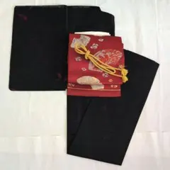 紗小紋【黒×ダークレッド透け感×プランツ文様】アンティーク名古屋帯/帯締/帯揚のサムネイル