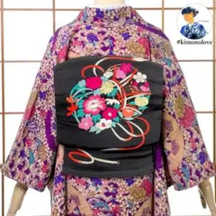 刺繍 名古屋帯 繻子 正絹 金糸 花鼓 黒 アンティーク着物 AO-0580