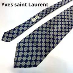 イヴサンローラン　ネクタイ　総柄　シルク100% ネイビー×ゴールド×ブルー