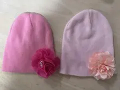 フラワー装飾付きピンクニット帽2個セット