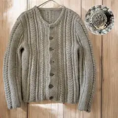 ヴィンテージ ハンドメイド アランニット カーディガン コンチョボタン グレー