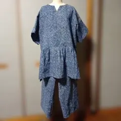 유카타 리메이크 셋업 튜닉 앤 팬츠 네이비 블루 래티스