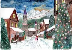 癒しの水彩画　スイスのクリスマスの夜
