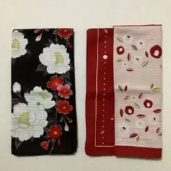 和風 花柄ハンカチ 小風呂敷 黒・赤 花柄 2枚セット