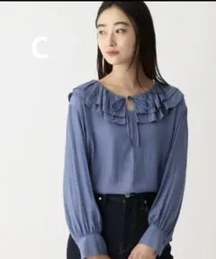 フリルブラウス シャツ デザインブラウス リボン ブルー