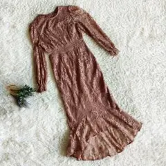 【SHEIN】パーティドレス/S/ピンク/長袖/ロング丈/フレア/レース/花柄