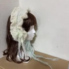 フリル付きクリーム色ニットボンネット 天使界隈 ロリータ