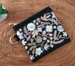 【インド刺繍リボン ミニポーチ】カラビナ付き ファスナー12cm