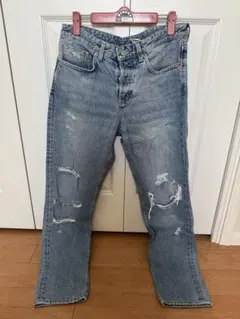 ダメージ加工ストレートジーンズ ライトブルー