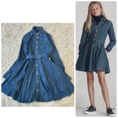 ラルフローレン デニムシャツフレアワンピース ポニー刺繍 ベルト付 150