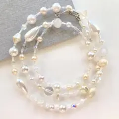 パール白　ロング　ホワイトパール　ハンドメイド　ビーズネックレス