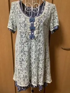 アクシーズファム レースチュニック 半袖 アイボリー/ブルー
