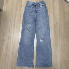 ライトブルーダメージワイドレッグデニム