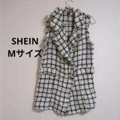 チェック柄ジレ ベスト ジャケット袖なし ツイード ゴールド 金ボタン M