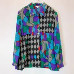 昭和レトロ　幾何学模様　総柄　ポリシャツ　金ボタン　ポップアート