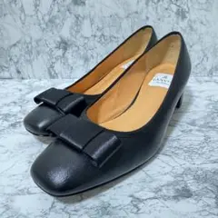 【美品】LANVIN en Bleu ブラック スクエアトゥ リボン23.5cm