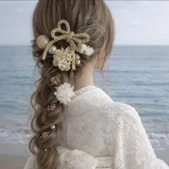 ホワイトゴールド♡金箔付♡髪飾り ヘッドドレス 前撮り 成人式 卒業式 七五三