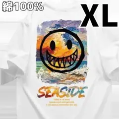 メンズ Tシャツスマイル ホワイト XL バックプリント ストリート 綿 韓国