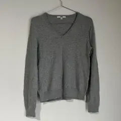 【ユニクロ】　レディース　ニット　Vネック　長袖　グレー　M