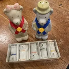 陶器のくまさん ペッパー、ソルト入れ ＆陶器くまの箸置き5個セット