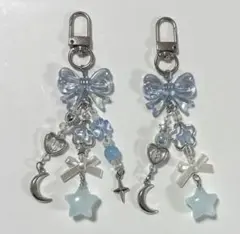 ビーズキーホルダー チャーム 2個セット 水色 青 リボン 月 星 ハート 韓国