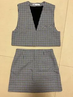 ZARA セットアップ　ベスト　スカート　千鳥柄　チェックブルー