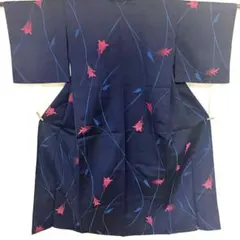 5k2126 着物　毛　単衣　紬　紺　青　赤　花柄　和装