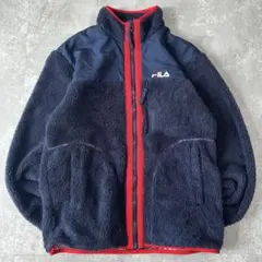 00s Y2K FILA フリースジャケット ビッグロゴ 刺繍ロゴ 好配色 紺