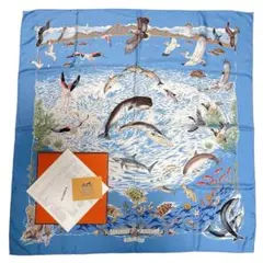 エルメス スカーフ カレ90 地中海の貴重な生命 水色 シルク 魚 イルカ 鳥