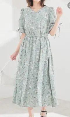 大きいサイズ★ミント花柄半袖 ロングワンピース 3L