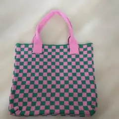 緑とピンクのチェック柄トートバッグ