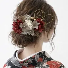 ドライフラワー髪飾り 赤グレーヘア飾り 結婚式 和装 成人式振袖 卒業式袴