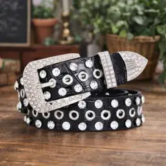 ウエスタンベルト ラインストーン ブラック エナメル シルバースタッズ Y2K