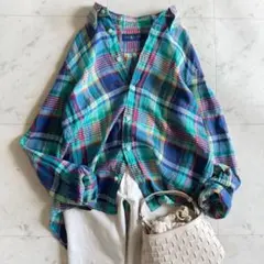 美品 ラルフローレン リネン100% チェック柄シャツ