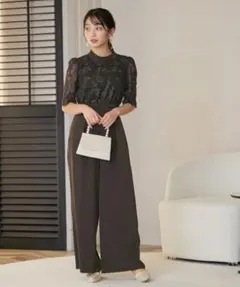 Jolie et Jolie スタンドカラー刺繍レースオールインワンパンツのサムネイル